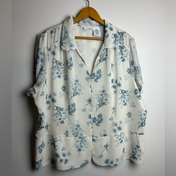 VTG Y2K East 5th Top Blouse 20W Floral baby blue floral sheer Croped Button up - Picture 1 of 14